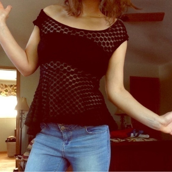 Black Sheer Polka Dot Top Size Small - Picture 1 of 2